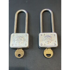 2 Vintage‎ MASTER LOCK Padlock Lion Face Long Shackle 77 Works w/ Keys